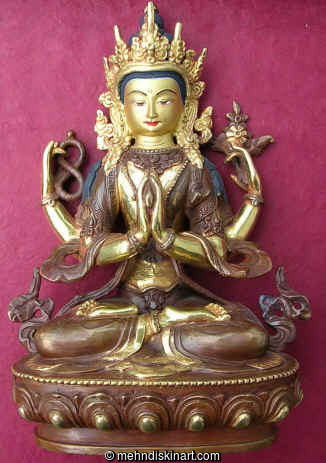 Avaloketeswara - Chenrezig Statue - Copper and Gold 